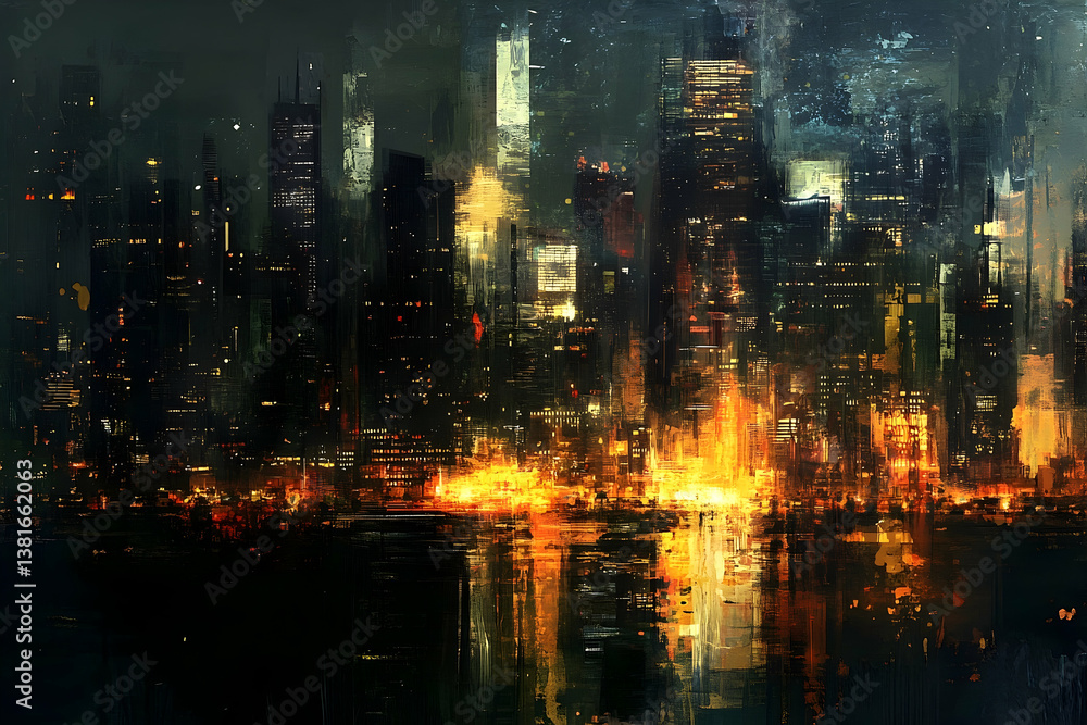 Obraz premium A dark painted cityscape reflecting lights on a tranquil water surface
