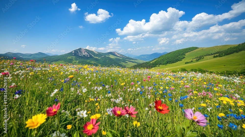 Idyllic mountain meadow bursting with wildflowers under a bright blue sky