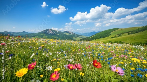 Obraz na płótnie Idyllic mountain meadow bursting with wildflowers under a bright blue sky w salonie