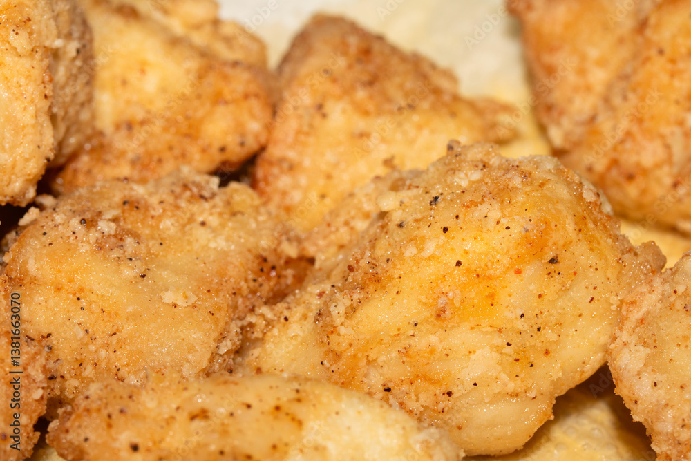 Close up of crispy frying chicken being fried in a batter in a pan Close up of crispy frying chicken being fried in a batter in a pan