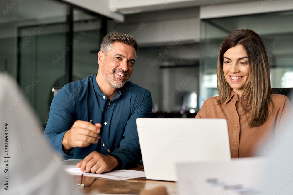 Fototapeta premium Busy professional executive team people working at meeting in office. Business man CEO manager leader talking to board people consulting partners investors discussing project management in teamwork.
