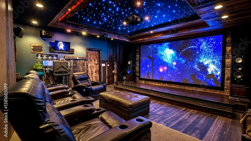Large screen television is on a wall in a room with leather chairs