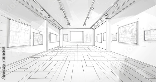 Fototapeta Naklejka Na Ścianę i Meble -  3D simple storyboard sketch of a gallery , line drawing, black and white