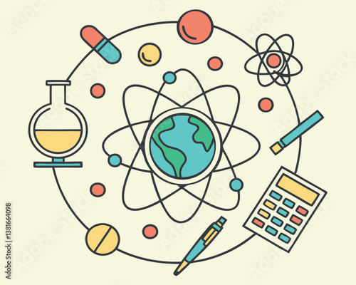 World Science Day Illustration: Globe, Atoms, Beakers, and Scientific Elements.