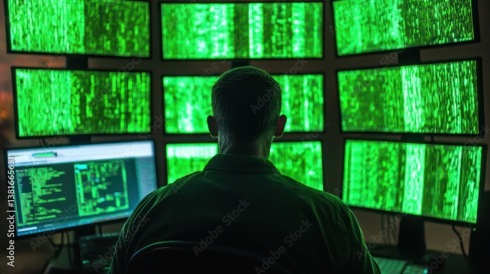 A dedicated cybersecurity professional monitors complex systems on multiple screens