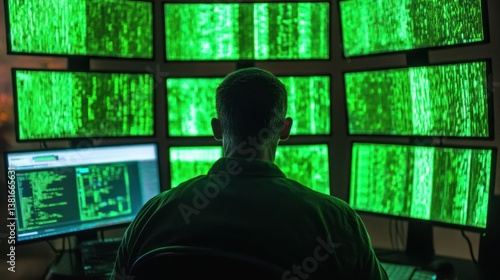 Obraz na płótnie A dedicated cybersecurity professional monitors complex systems on multiple screens w salonie