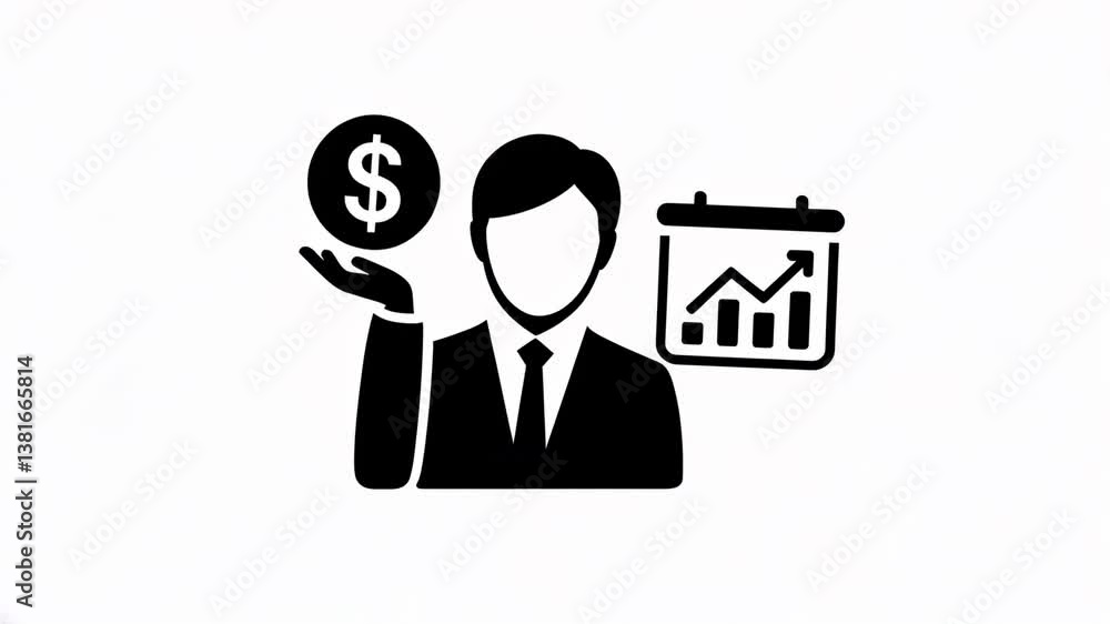Minimalist icon of a businessman with a dollar sign and a growing chart, representing financial leadership and business strategy, isolated on a pure white background Minimalist icon of a businessman with a dollar sign and a growing chart, representing financial leadership and business strategy, isolated on a pure white background