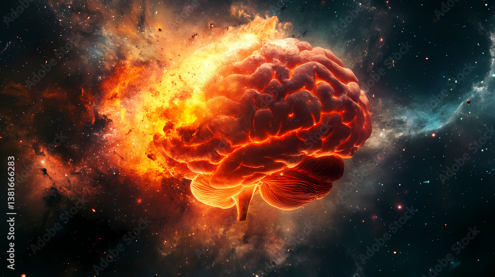Flaming brain in cosmic nebula space. Memory Dust. Illustration Flaming brain in cosmic nebula space. Memory Dust. Illustration