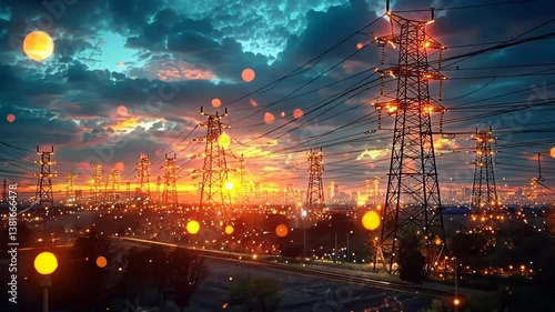 Cityscape with many lights and a sunset in the background