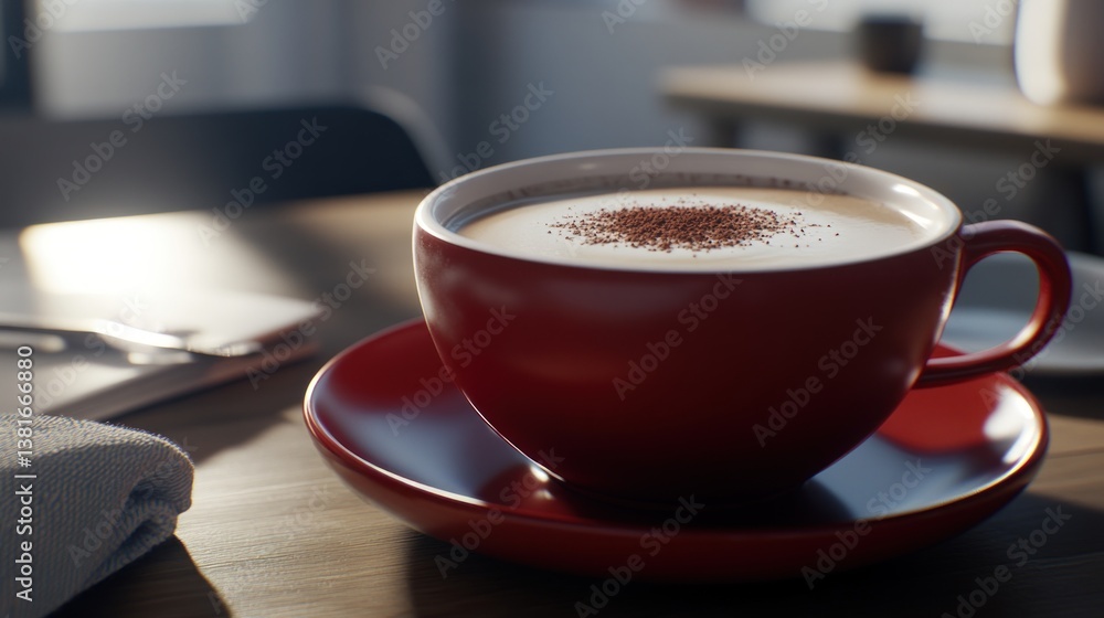 A steaming cup of coffee with cocoa powder set on a wooden table in a cozy caf setting A steaming cup of coffee with cocoa powder set on a wooden table in a cozy caf setting