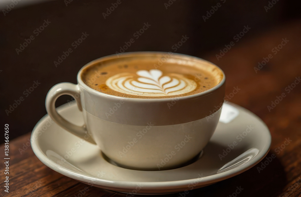 Close-up of a latte with foam art in a ceramic cup on a wooden table. Close-up of a latte with foam art in a ceramic cup on a wooden table.
