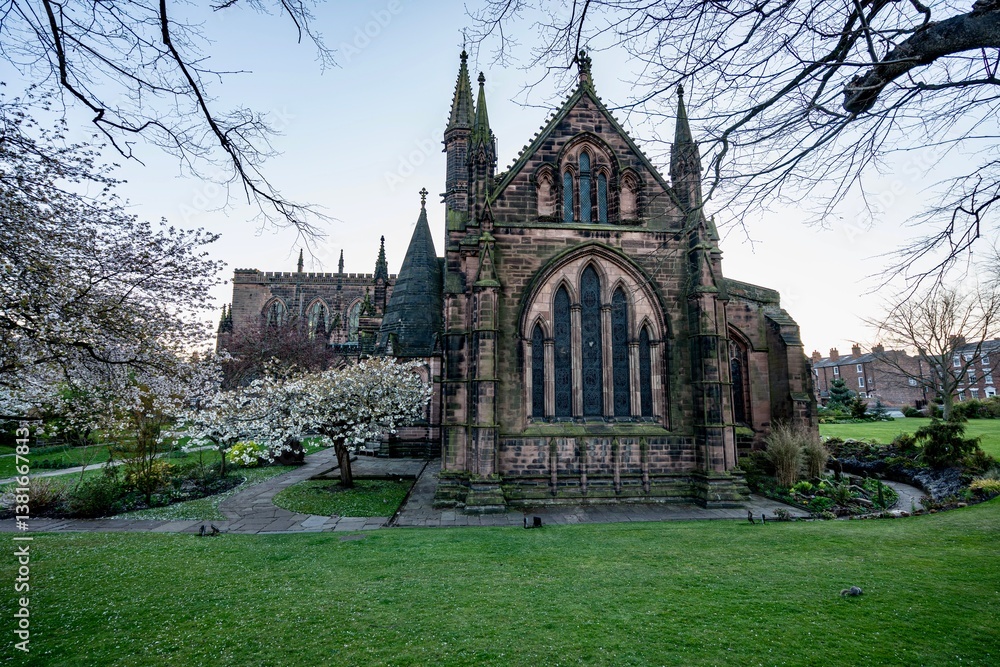 The view of the city of Chester, England as seen from the City Wall that surrounds the interior of the city. The city wall was constructed during the 1st - 3rd centuries