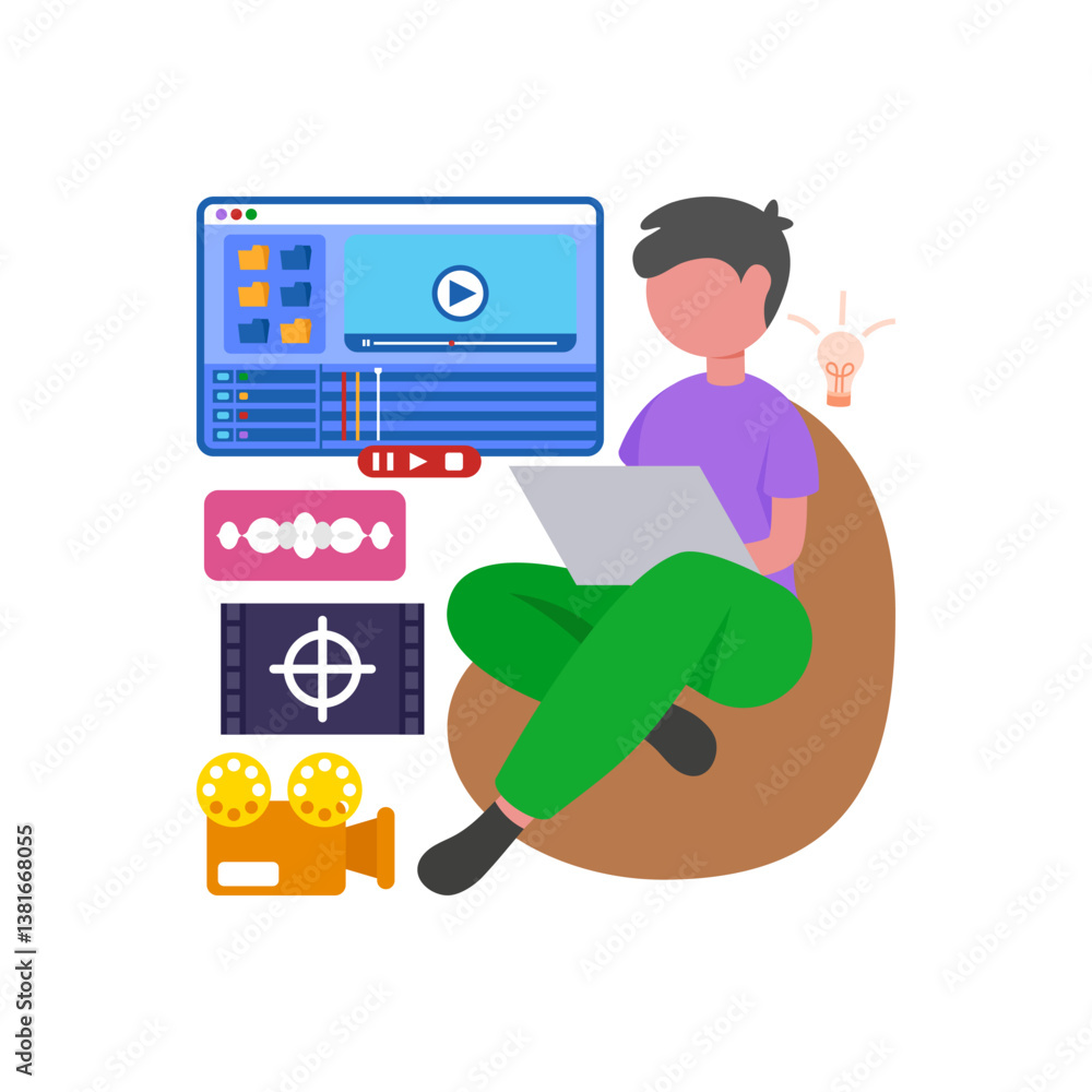 Fototapeta premium Professional Video Editing Tutorial Flat Vector Illustration