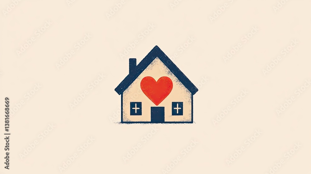 Simple Minimalist Icon of Old House with Heart, Simple Minimalist Icon of Old House with Heart,