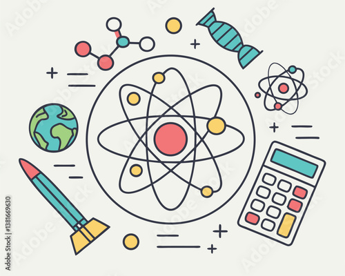 World Science Day Illustration: Globe, Atoms, Beakers, and Scientific Elements.