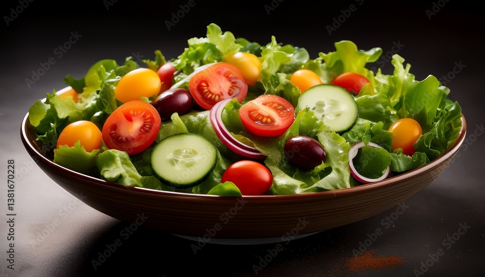 Ensalada fresca con lechuga, tomate, pepino y cebolla. Concepto de comuda sanudable. Ensalada fresca con lechuga, tomate, pepino y cebolla. Concepto de comuda sanudable.
