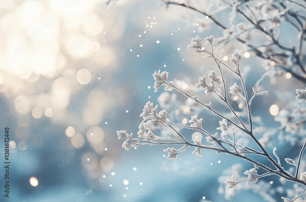 Fototapeta premium Abstract winter background with falling snowflakes, snowy hills, and a blurred forest in the distance