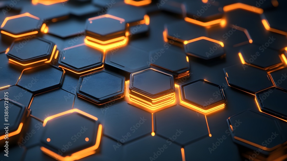 Illuminated Hexagons: Abstract 3D rendering of a network of illuminated hexagons, creating a modern, high-tech aesthetic. Illuminated Hexagons: Abstract 3D rendering of a network of illuminated hexagons, creating a modern, high-tech aesthetic.