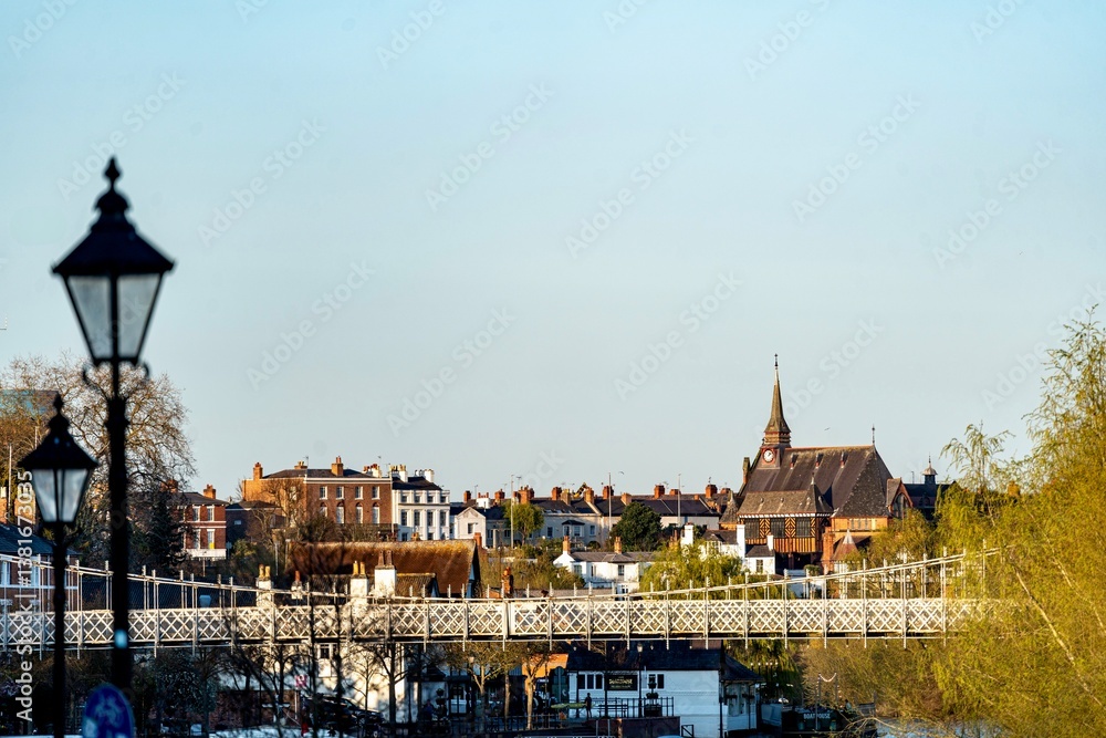The view of the city of Chester, England as seen from the City Wall that surrounds the interior of the city. The city wall was constructed during the 1st - 3rd centuries