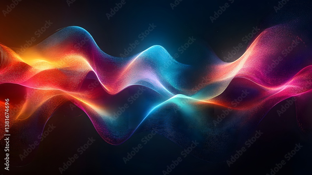 Fototapeta premium Vibrant Wave of Color: A dynamic composition of flowing, colorful light forms an abstract wave pattern against a dark backdrop, evoking energy, movement, and visual interest.