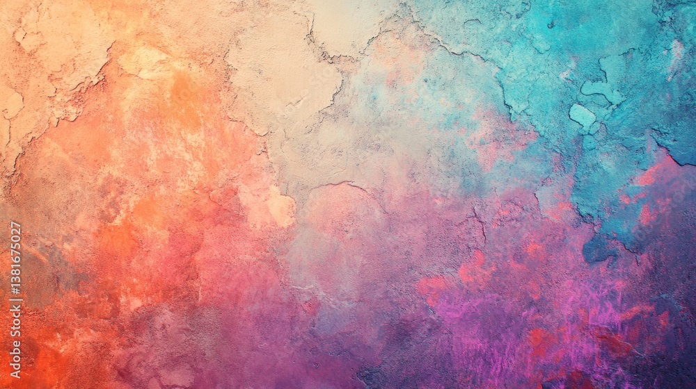 A textured surface displays a captivating gradient of hues, transitioning from warm oranges and yellows to cool blues and purples.