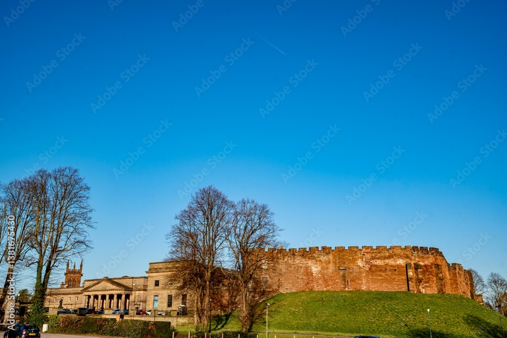 The view of the city of Chester, England as seen from the City Wall that surrounds the interior of the city. The city wall was constructed during the 1st - 3rd centuries
