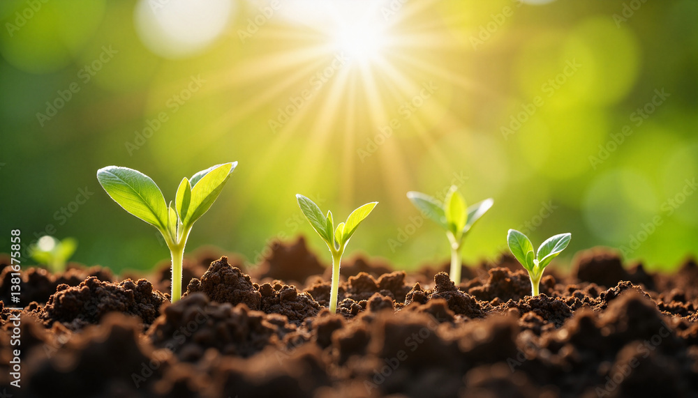 Fresh Herb Seedlings Growing in Sunlight with Soil Background, Gathering fresh herbs, Dacha season begins Fresh Herb Seedlings Growing in Sunlight with Soil Background, Gathering fresh herbs, Dacha season begins