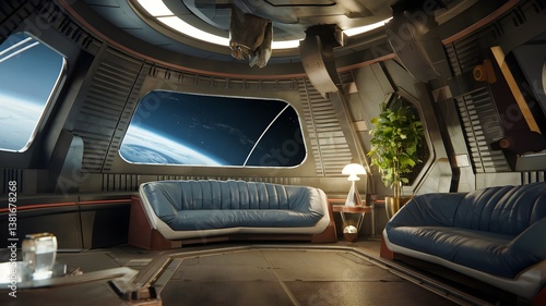 Fototapeta Naklejka Na Ścianę i Meble -  Alien spaceship living room with metallic textures, curved walls, and a view of space