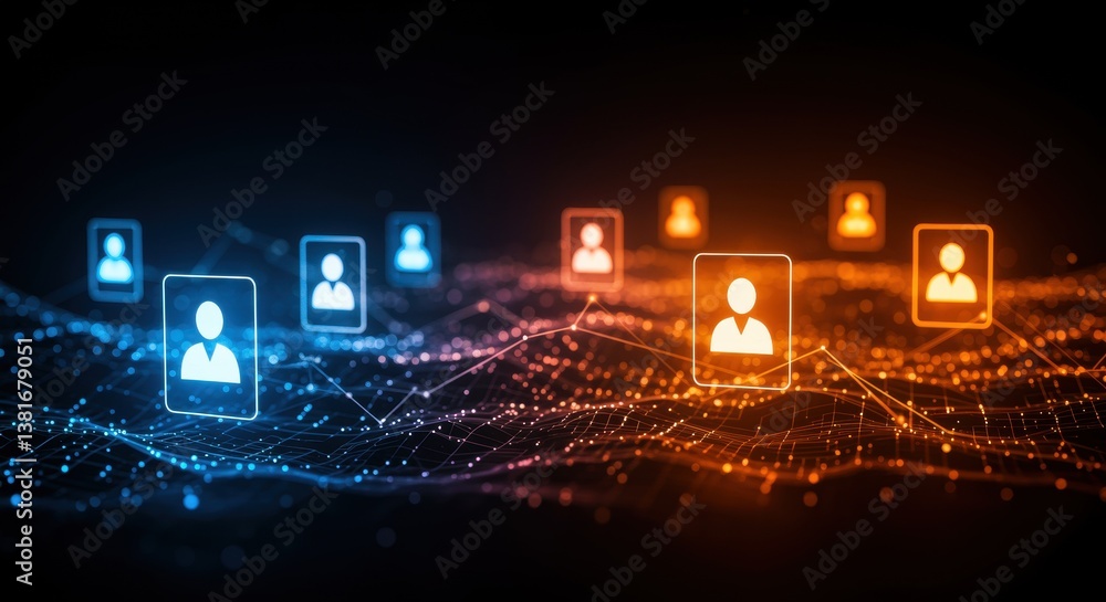 This digital image features interconnected user icons on a dark background, highlighting networking and virtual interaction with vibrant blue and orange tones. This digital image features interconnected user icons on a dark background, highlighting networking and virtual interaction with vibrant blue and orange tones.