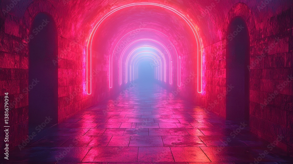 Ethereal Neon Light Tunnel in Mysterious Dark Passageway with Reflections and Fog for Futuristic Atmosphere Ethereal Neon Light Tunnel in Mysterious Dark Passageway with Reflections and Fog for Futuristic Atmosphere