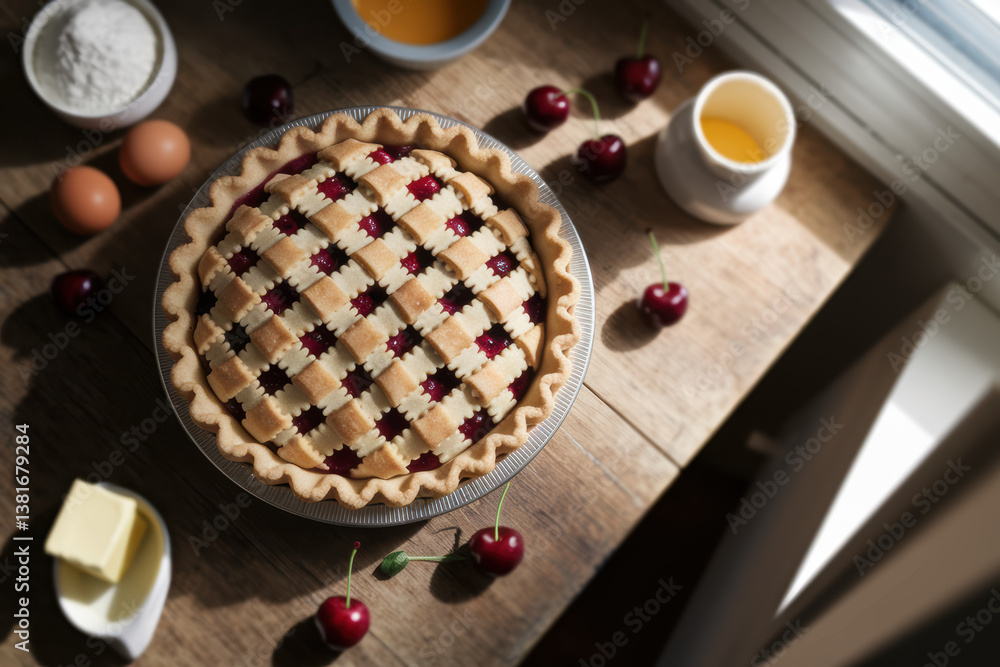 Homemade Cherry Pie with Lattice Crust Surrounded by Fresh Ingredients in Cozy Kitchen Setting Homemade Cherry Pie with Lattice Crust Surrounded by Fresh Ingredients in Cozy Kitchen Setting