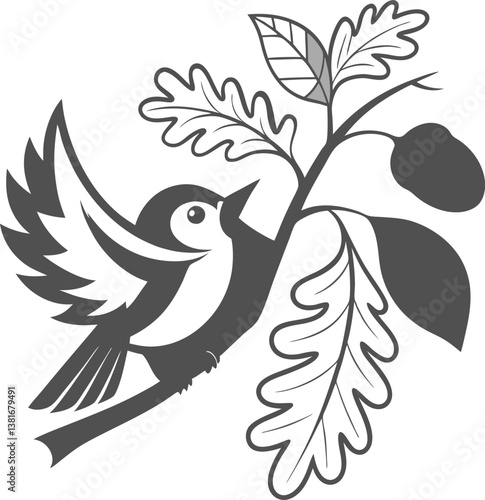 Vector illustration of a bird on a branch with wings spread, featuring a detailed feather design, showcasing a wild, flying bird in a simple, cartoon-style silhouette