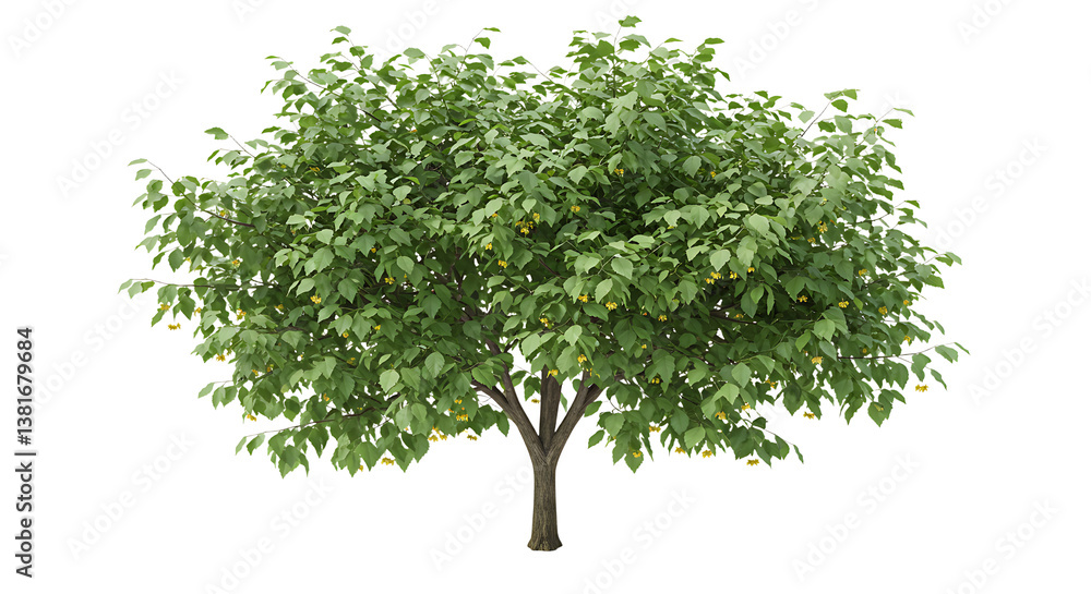 Fototapeta premium Isolated Green Leafy Tree with Yellow Flowers on White Background