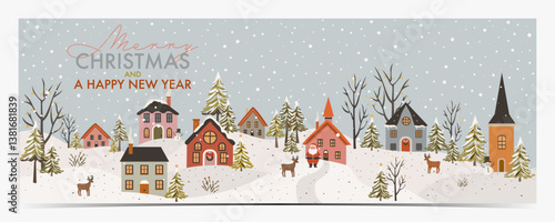 Merry Christmas - peaceful day in winter Santa Claus village, little colorful houses, Santa Claus, trees, reindeers and snowmen in the snowy surroundings, colorful text, vector illustration
