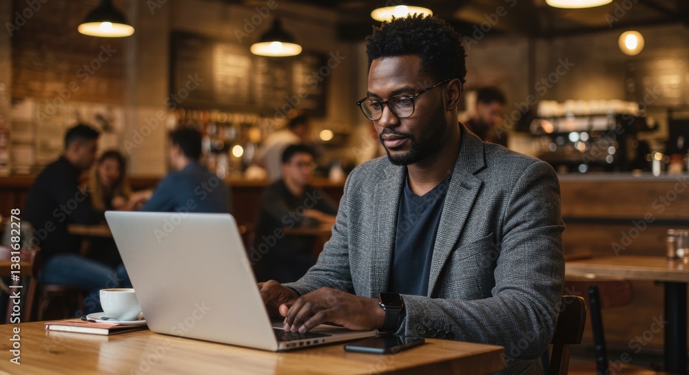 A focused individual working on a laptop in a cozy café. The ambiance is lively with friends chatting in the background. Perfect for representing remote work, productivity, and modern lifestyle. A focused individual working on a laptop in a cozy café. The ambiance is lively with friends chatting in the background. Perfect for representing remote work, productivity, and modern lifestyle.