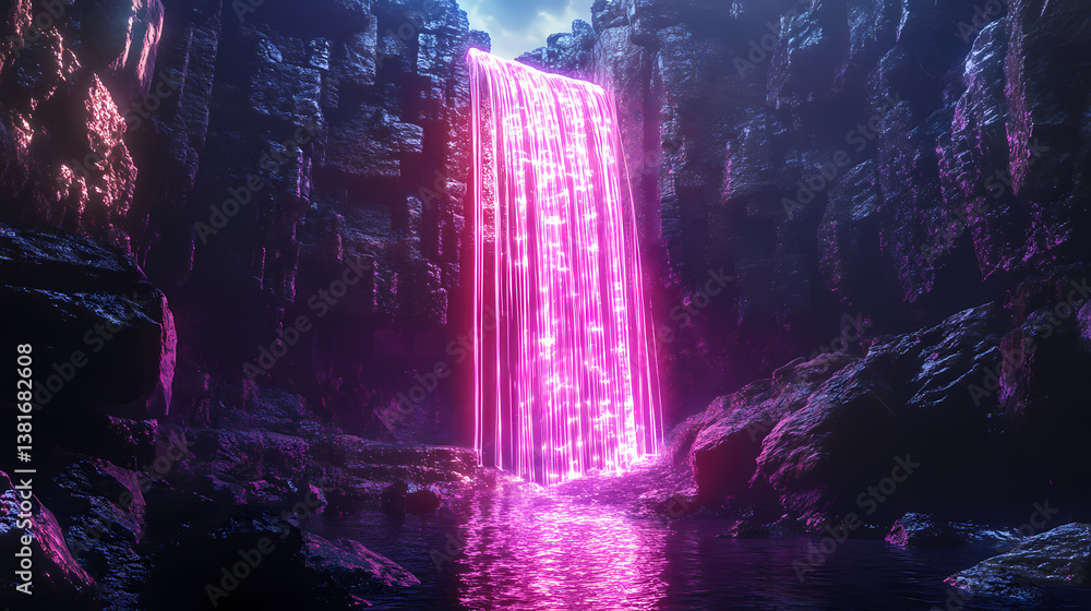 A glowing neon waterfall cascading into an infinite abyss. Infinite Abyss. Illustration A glowing neon waterfall cascading into an infinite abyss. Infinite Abyss. Illustration