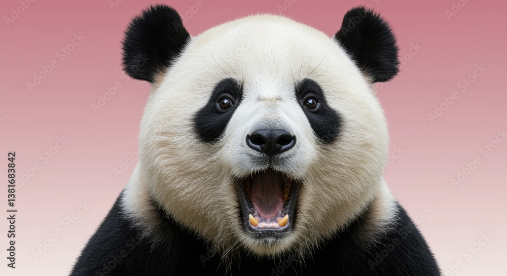 Fototapeta premium A close-up of a panda bear with a wide-open mouth against a soft pink gradient, emphasizing its black and white fur. Perfect for wildlife enthusiasts and conservation themes.