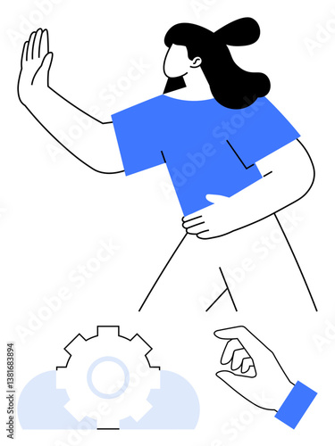 Confident woman with hand raised in stop gesture, another hand reaching toward gear symbol. Ideal for leadership, decision-making, control, boundaries, process improvement, empowerment, strategy