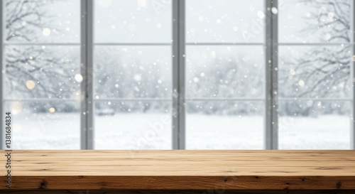 A cozy wooden table in front of a large window with snowflakes falling outside. A serene winter landscape features soft white snow on the ground and trees, perfect for seasonal themes.