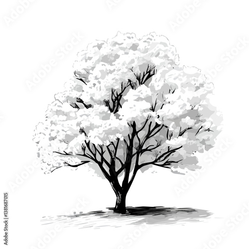 Blossoming cherry tree minimalist flat illustration, featuring a clean design isolated on a white background.

