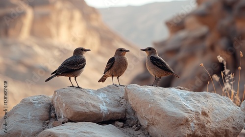 Three brown birds perched on rocks in a desert, 