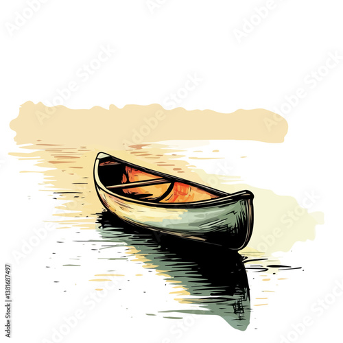 Canoe on lake minimalist flat illustration, featuring a clean design isolated on a white background.

