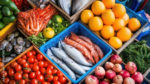 Fresh Seafood and Colorful Fruits and Vegetables Displayed at Vibrant Farmers Market in Bright Natural Light