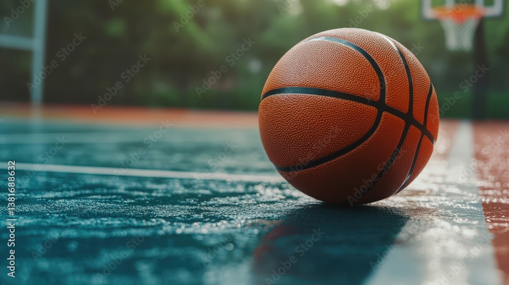 A basketball rests on a wet outdoor court after the rain A basketball rests on a wet outdoor court after the rain