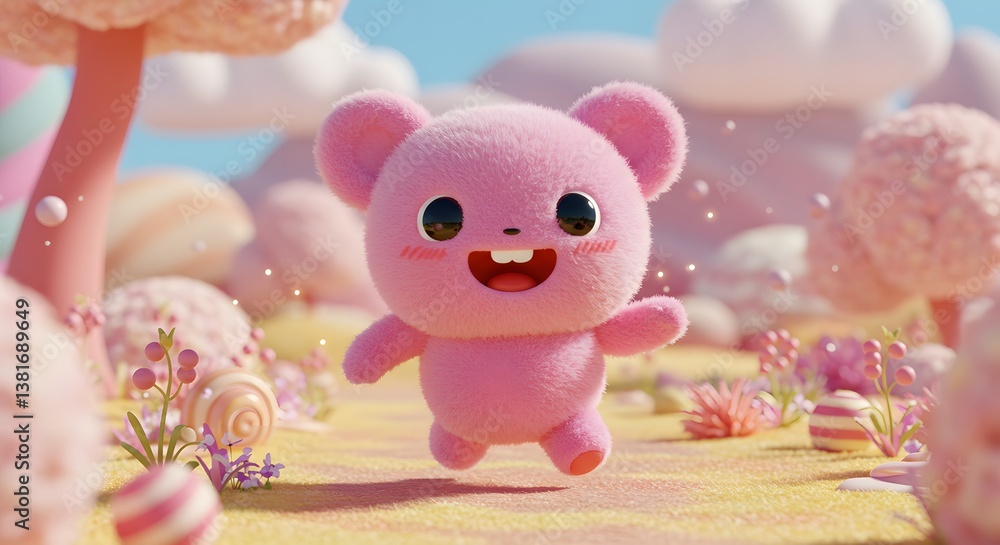 Fototapeta premium Pink Bear Character Running in Whimsical Landscape with Candy Decorations