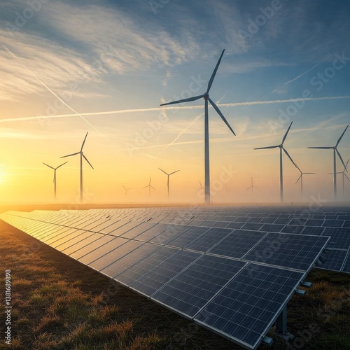 Solar panels and wind turbines in operation at sunrise under a clear blue sky