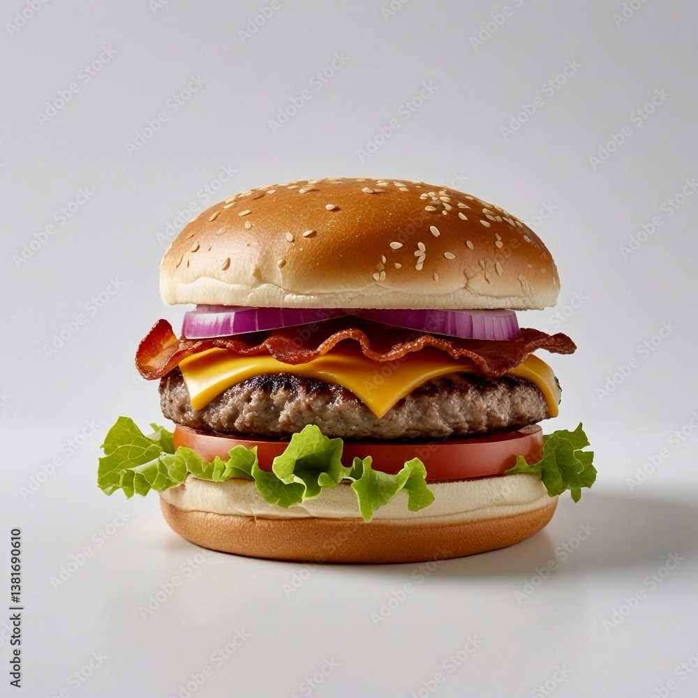 A classic hamburger on a plain, light-colored background. A classic hamburger on a plain, light-colored background.