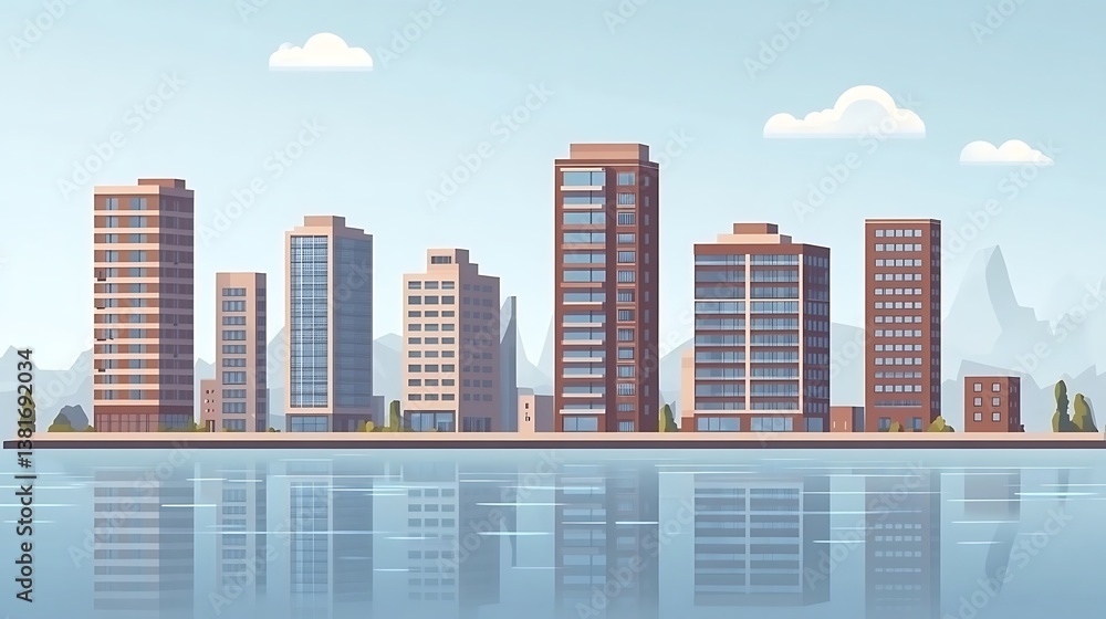 Buildings reflecting on water creating a city scene illustration Buildings reflecting on water creating a city scene illustration