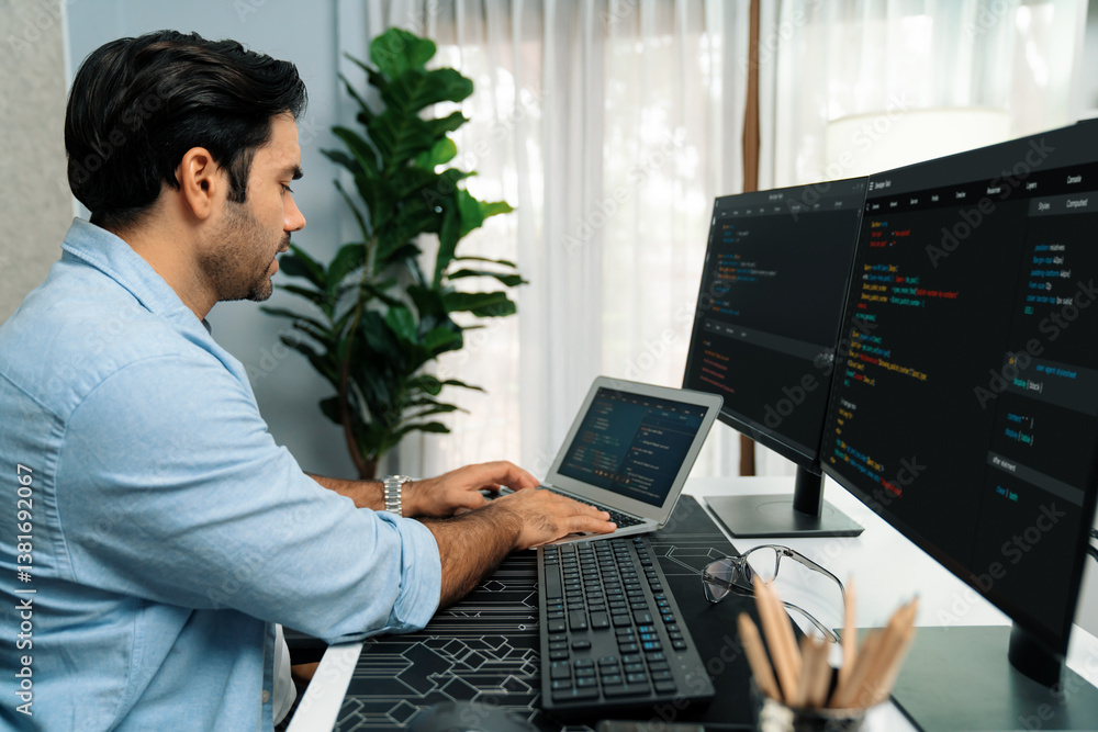 Smart IT developer working software development coding on laptop, creating application program update version online website on data's system two computer code pc screen at modern office. Surmise.