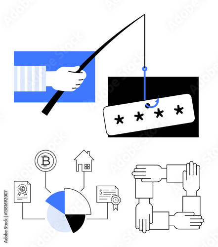 Fishing hook snags password, pie chart with financial symbols, and linked hands showing cyber security, collaboration, and trust. Ideal for fraud prevention, teamwork, risk, trust security